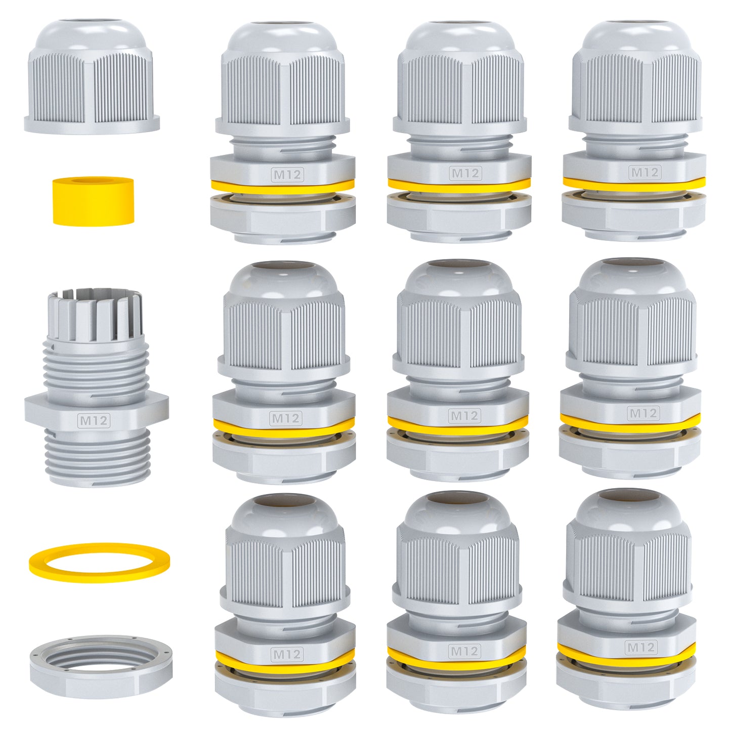 PEBA® Kabelverschraubung, M12 x 1,5 IP68 wasserdichte Kabelverschraubungen mit Gegenmutter Kunststoff, PG7 Kabelsteckverbinder Verstellbare für 3mm-6,5mm, Kabelverschraubungen Gelenke (Grau)