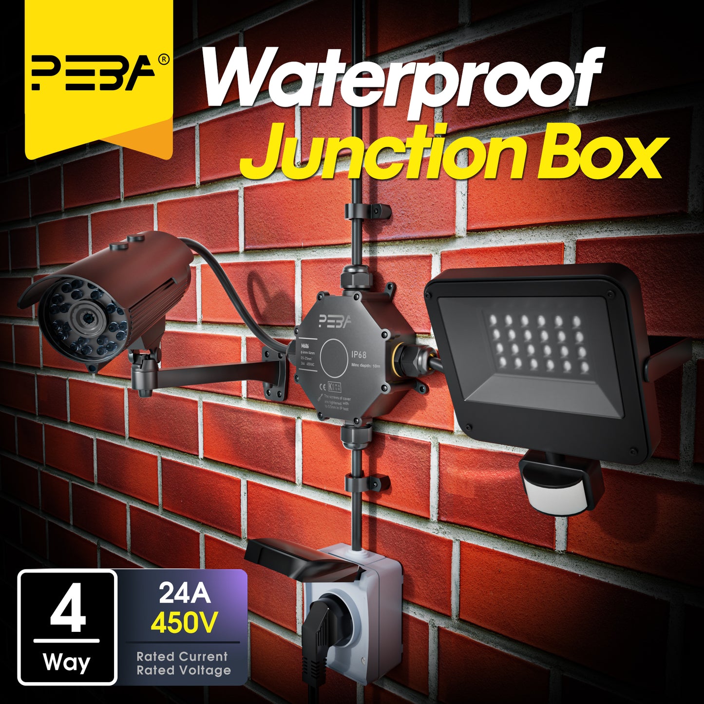 PEBA® Abzweigdose IP68, Abzweigkasten, Wasserdichte Kabelverbinder, Aufputz Verteilerdose Außen Wasserdicht 4-Wege für Ø4-14mm Kabeldurchmesser Anschlussdose, Klemmkasten, Abzweigdose schwarz
