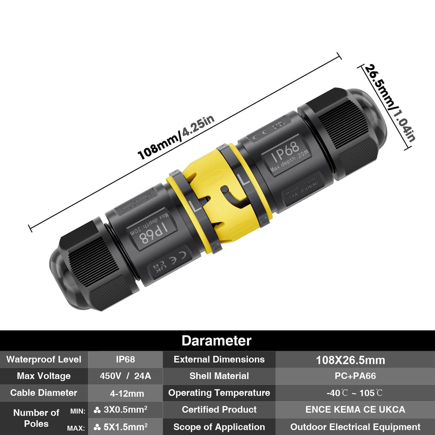 PEBA® Kabelverbinder Wasserdicht 5 polig IP68 Steckbarer Wasserdichte Kabelverbinder, Kabelschnellverbinder mit Stecker und Buchse für Ø4-12mm Kabeldurchmesser,Erdkabel Abzweigdose, 2 Stück Schwarz