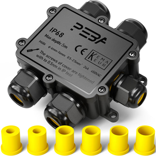 PEBA® Abzweigdose IP68, Erdkabel Klemmdose Verbindungsdose, 5 Wege Junction Box, Klemmkasten, Wasserdichte Kabelverbinder,Aufputz Verteilerdose Außen Wasserdicht,für 4-14mm Kabel,Abzweigkasten schwarz
