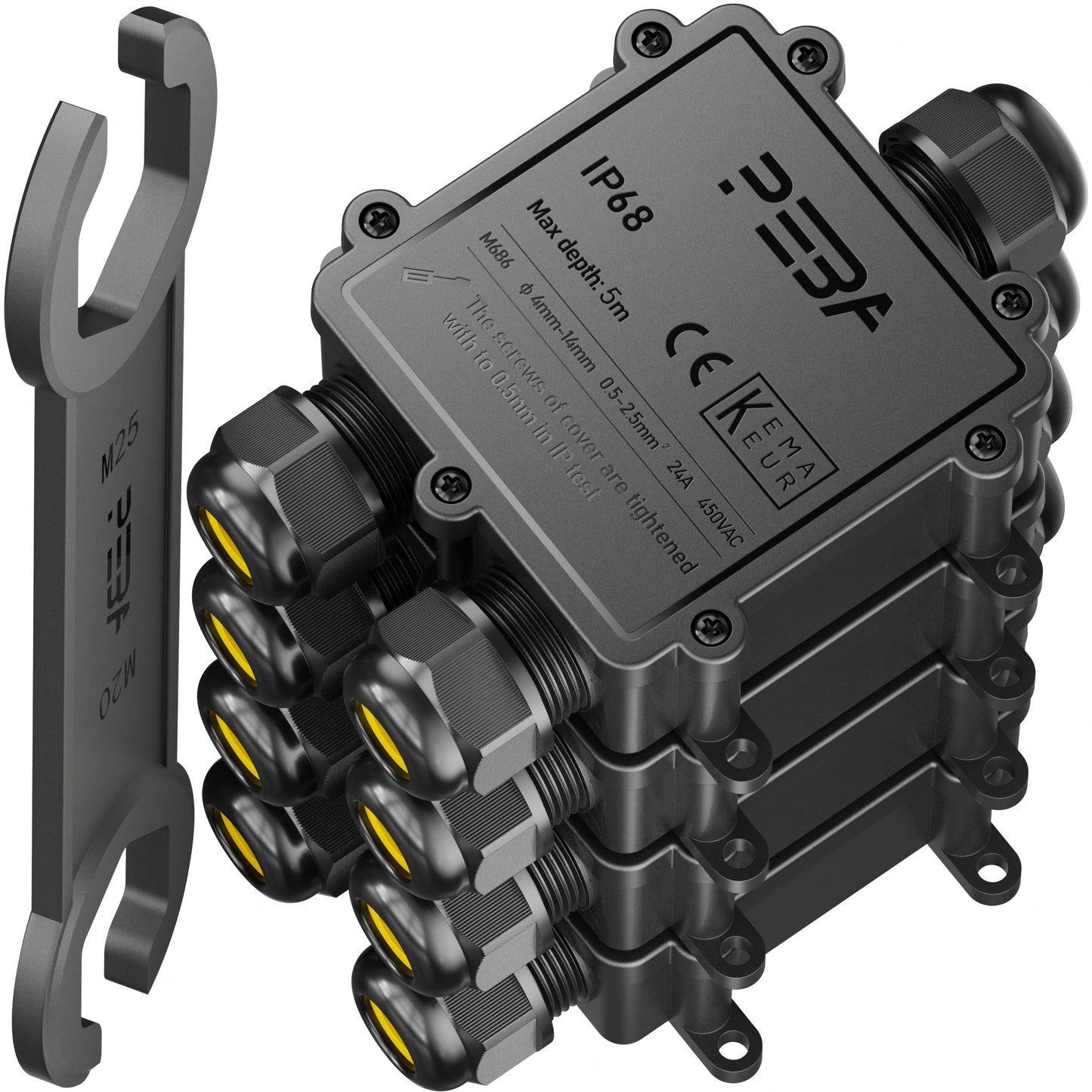 Scatola di giunzione per cavi impermeabile PEBA® IP68, connettore per cavo esterno a 3 vie, connettore per cavo, scatola di giunzione per cavi impermeabile, scatole di giunzione, scatole per cavi, collegamento cavo per diametro cavo Ø4-14mm, nero