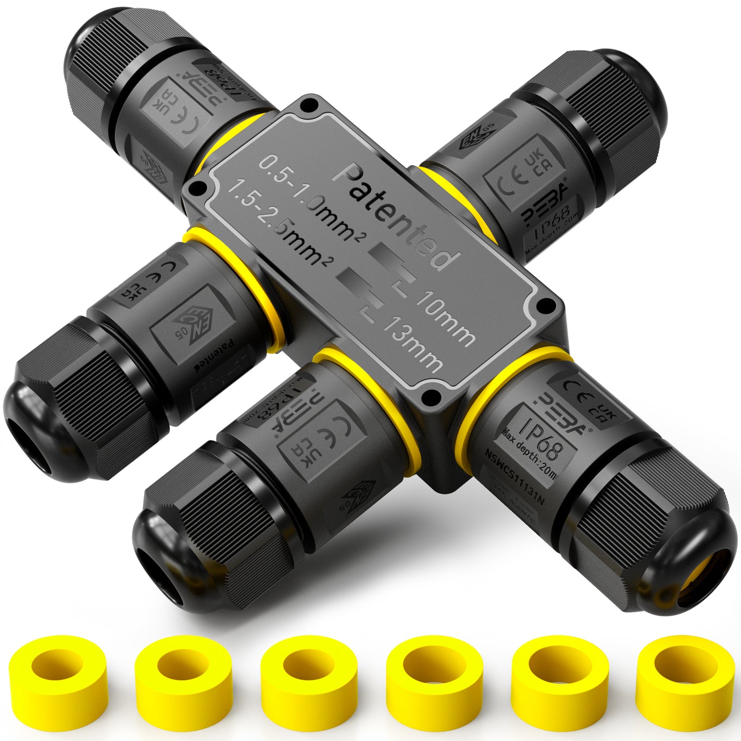 PEBA 5-Wege Kabelverbinder Wasserdicht 3 polig, IP68 Wasserdichte Kabelverbinder 4-12 mm Kabeldurchmesser, Verbindungsklemme mit Hebel für Outdoor, Verteilerdose außen, Abzweigdose Schwarz