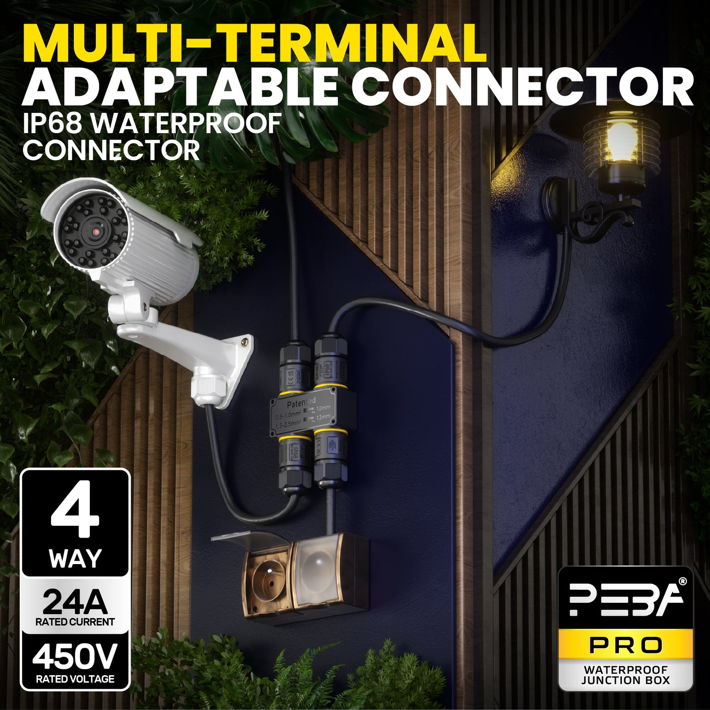 PEBA Kabelverbinder Wasserdicht 3 polig, 4-Wege IP68 Wasserdichte Kabelverbinder 4-12 mm Kabeldurchmesser, Verteilerdose außen, Verbindungsklemme mit Hebel für Outdoor, H-Form Abzweigdose Schwarz