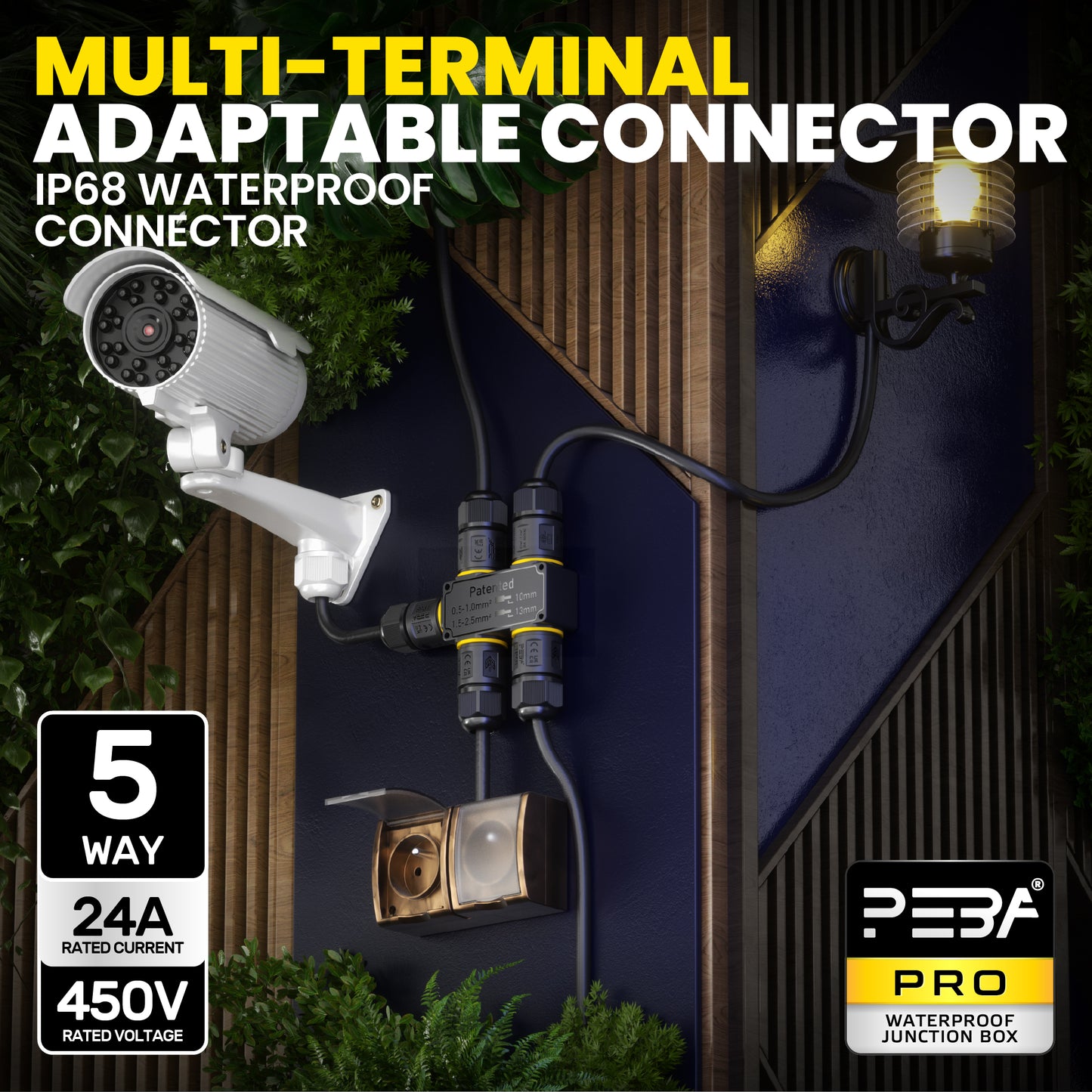PEBA Kabelverbinder Wasserdicht 3 polig, 5-Wege IP68 Wasserdichte Kabelverbinder 4-12 mm Kabeldurchmesser, Verteilerdose außen, Verbindungsklemme mit Hebel für Outdoor, Abzweigdose Schwarz
