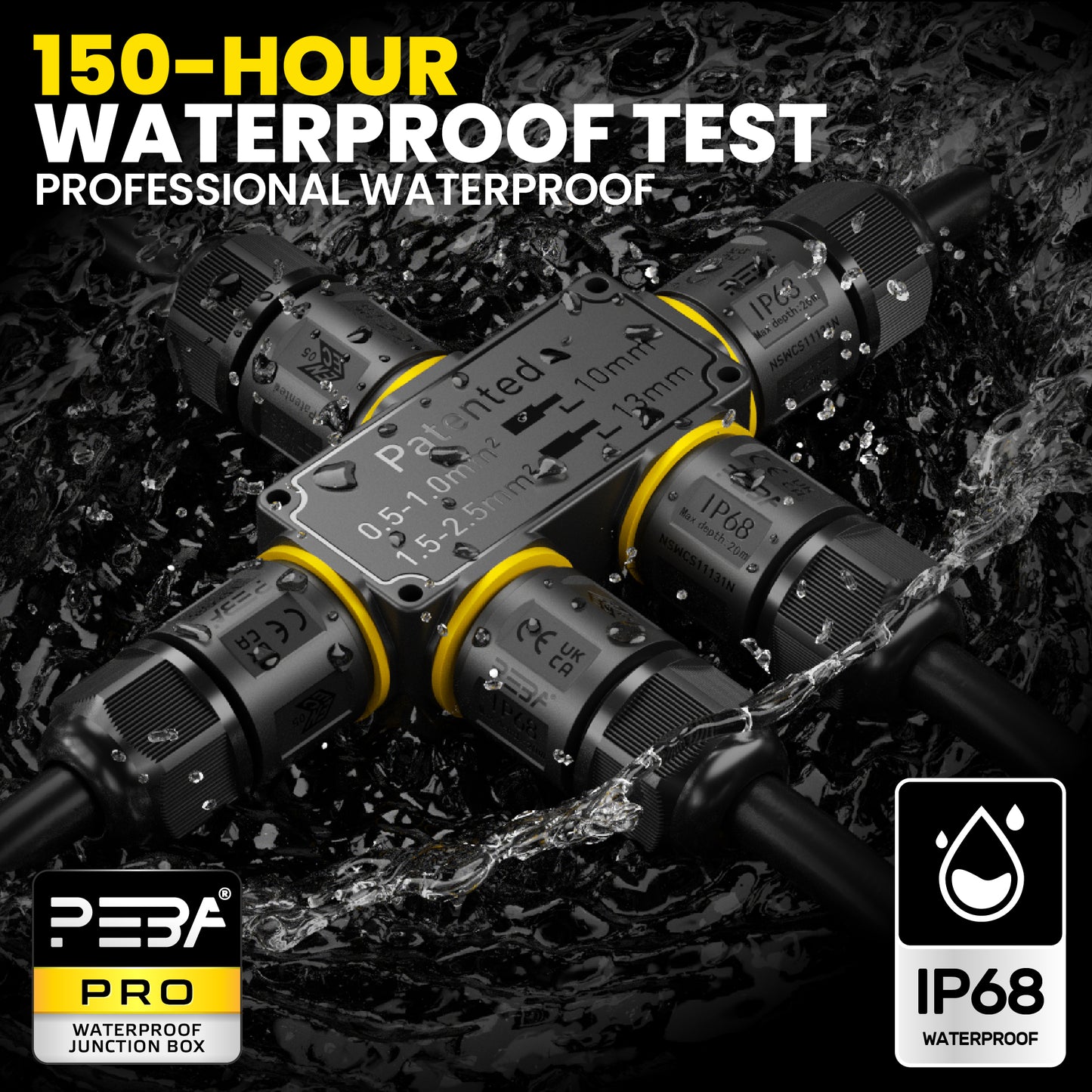 PEBA 5-Wege Kabelverbinder Wasserdicht 3 polig, IP68 Wasserdichte Kabelverbinder 4-12 mm Kabeldurchmesser, Verbindungsklemme mit Hebel für Outdoor, Verteilerdose außen, Abzweigdose Schwarz