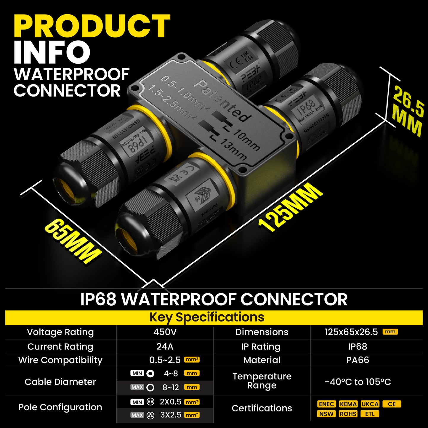 PEBA Kabelverbinder Wasserdicht 3 polig, 4-Wege IP68 Wasserdichte Kabelverbinder 4-12 mm Kabeldurchmesser, Verteilerdose außen, Verbindungsklemme mit Hebel für Outdoor, H-Form Abzweigdose Schwarz