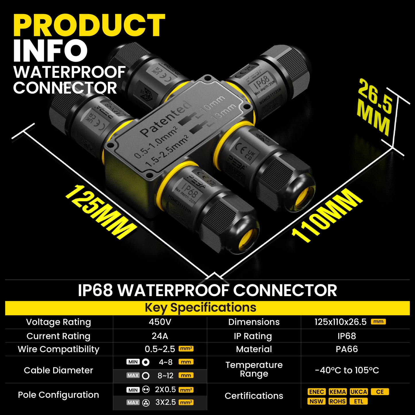PEBA Kabelverbinder Wasserdicht 3 polig, 5-Wege IP68 Wasserdichte Kabelverbinder 4-12 mm Kabeldurchmesser, Verteilerdose außen, Verbindungsklemme mit Hebel für Outdoor, Abzweigdose Schwarz
