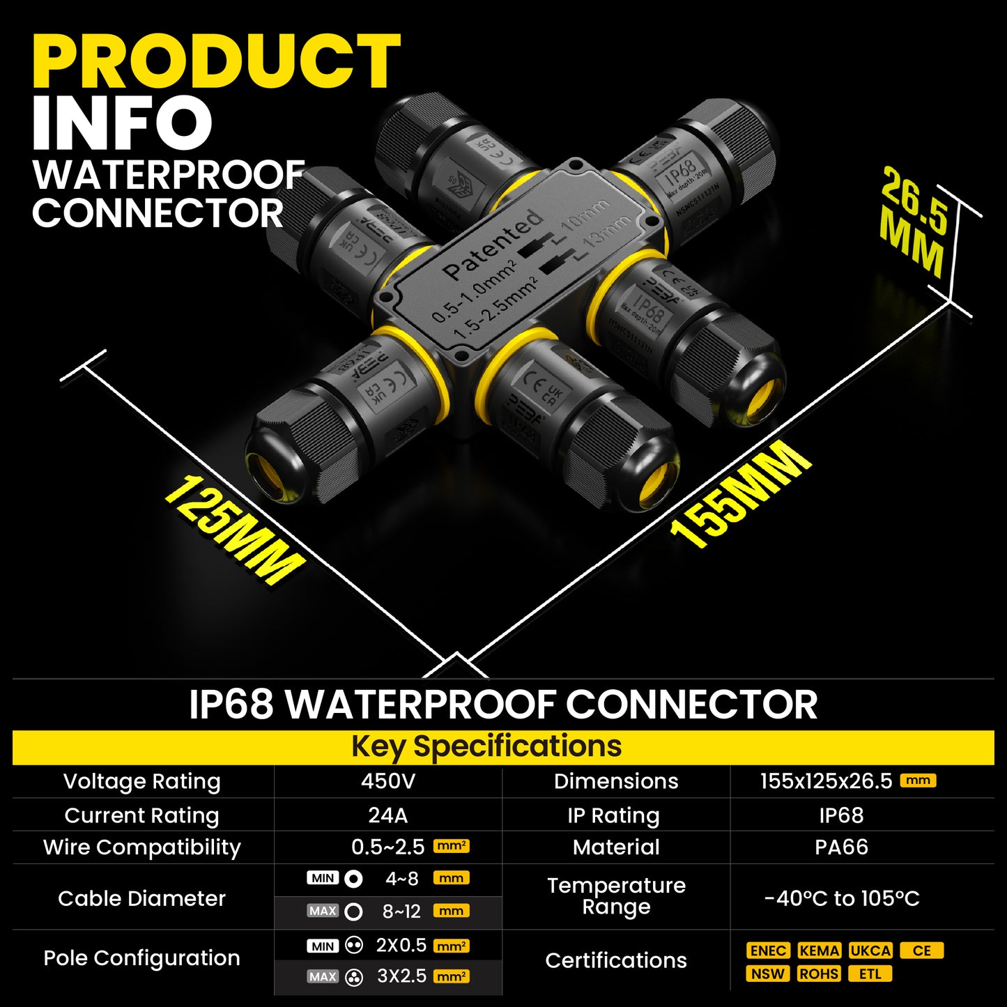 PEBA Kabelverbinder Wasserdicht 3 polig, 6-Wege IP68 Wasserdichte Kabelverbinder 4-12 mm Kabeldurchmesser, Verteilerdose außen, Verbindungsklemme mit Hebel für Outdoor, Abzweigdose Schwarz