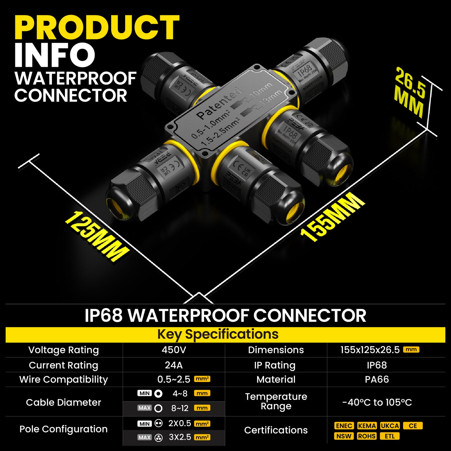PEBA 5-Wege Kabelverbinder Wasserdicht 3 polig, IP68 Wasserdichte Kabelverbinder 4-12 mm Kabeldurchmesser, Verbindungsklemme mit Hebel für Outdoor, Verteilerdose außen, Abzweigdose Schwarz