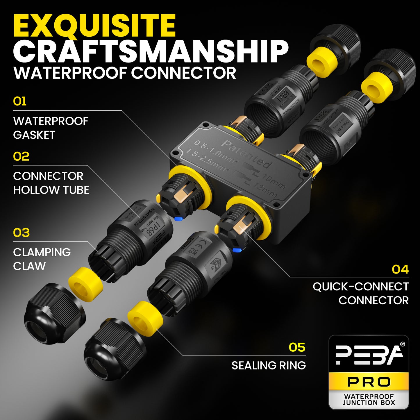 PEBA Kabelverbinder Wasserdicht 3 polig, 4-Wege IP68 Wasserdichte Kabelverbinder 4-12 mm Kabeldurchmesser, Verteilerdose außen, Verbindungsklemme mit Hebel für Outdoor, H-Form Abzweigdose Schwarz