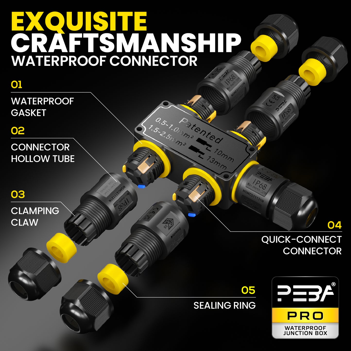 PEBA Kabelverbinder Wasserdicht 3 polig, 5-Wege IP68 Wasserdichte Kabelverbinder 4-12 mm Kabeldurchmesser, Verteilerdose außen, Verbindungsklemme mit Hebel für Outdoor, Abzweigdose Schwarz