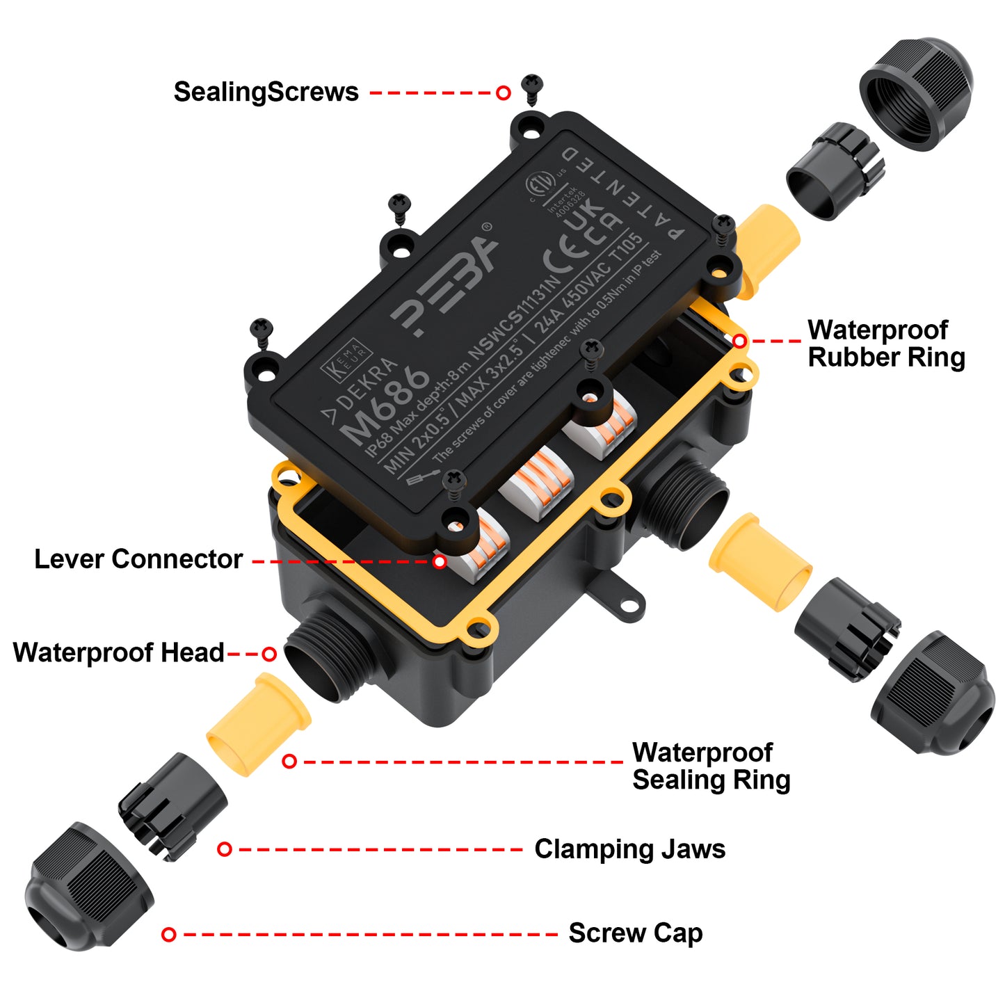 PEBA® Wasserdicht Abzweigdose Erdkabel Kabelverbinder IP68 Verteilerdose steckdose aussen verteiler Ø4mm-8mm und Ø8mm-12mm kabel für außen garten outdoor wasserdichte verbinder box 3-Wege Schwarz