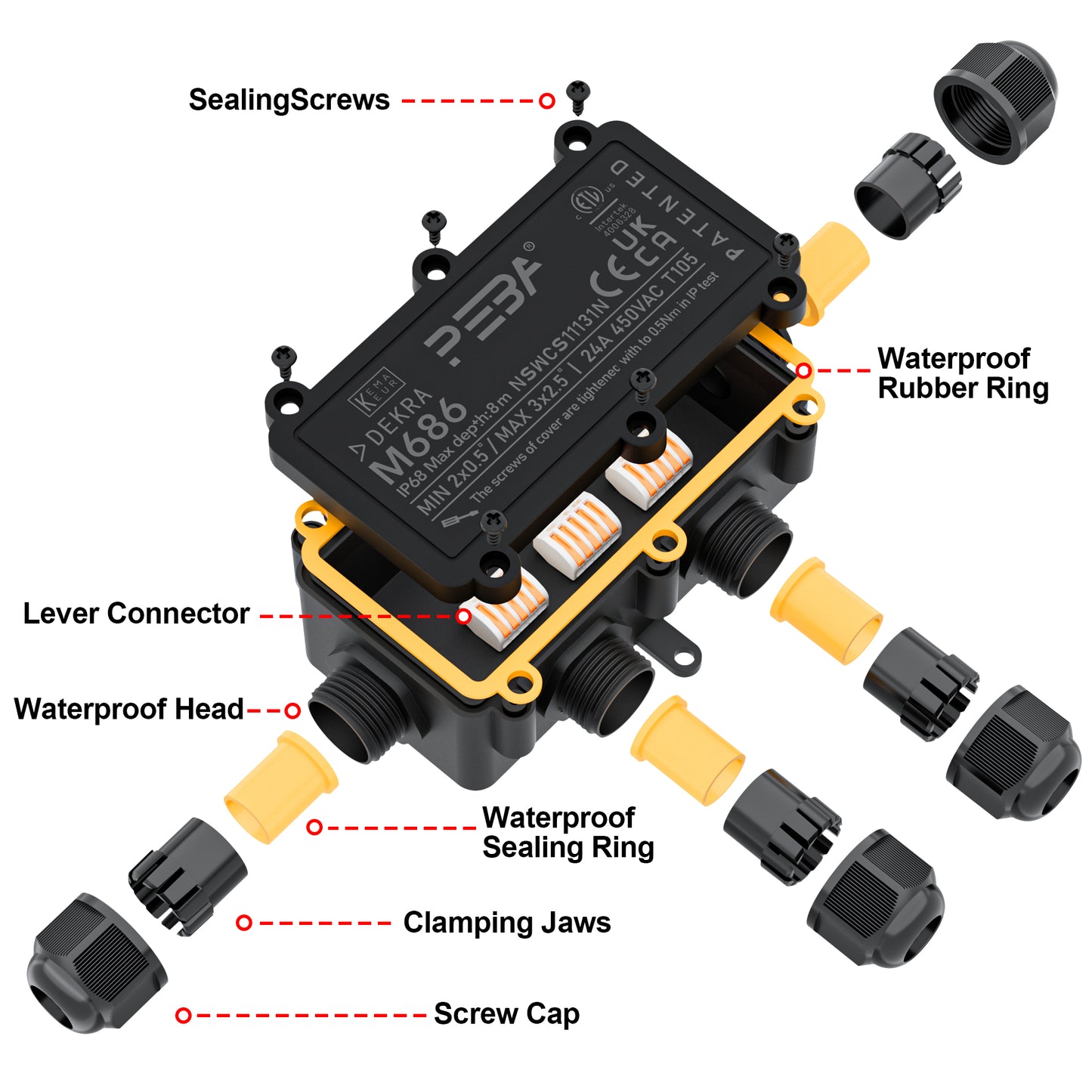 PEBA® Wasserdicht Abzweigdose Erdkabel Kabelverbinder IP68 Verteilerdose steckdose aussen verteiler Ø4mm-8mm und Ø8mm-12mm kabel für außen garten outdoor wasserdichte verbinder box 4-Wege Schwarz