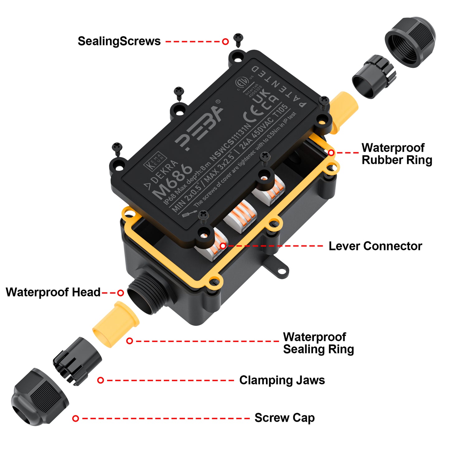 PEBA® Abzweigdose,Erdkabel Klemmdose Verbindungsdose, 2 Wege Junction Box, IP68 Wasserdichte Verteilerdose, Kabelverbinder Aussen, Elektrischer Außenverteilerdose, Kabeldurchmesser Ø 4mm-12mm, schwarz