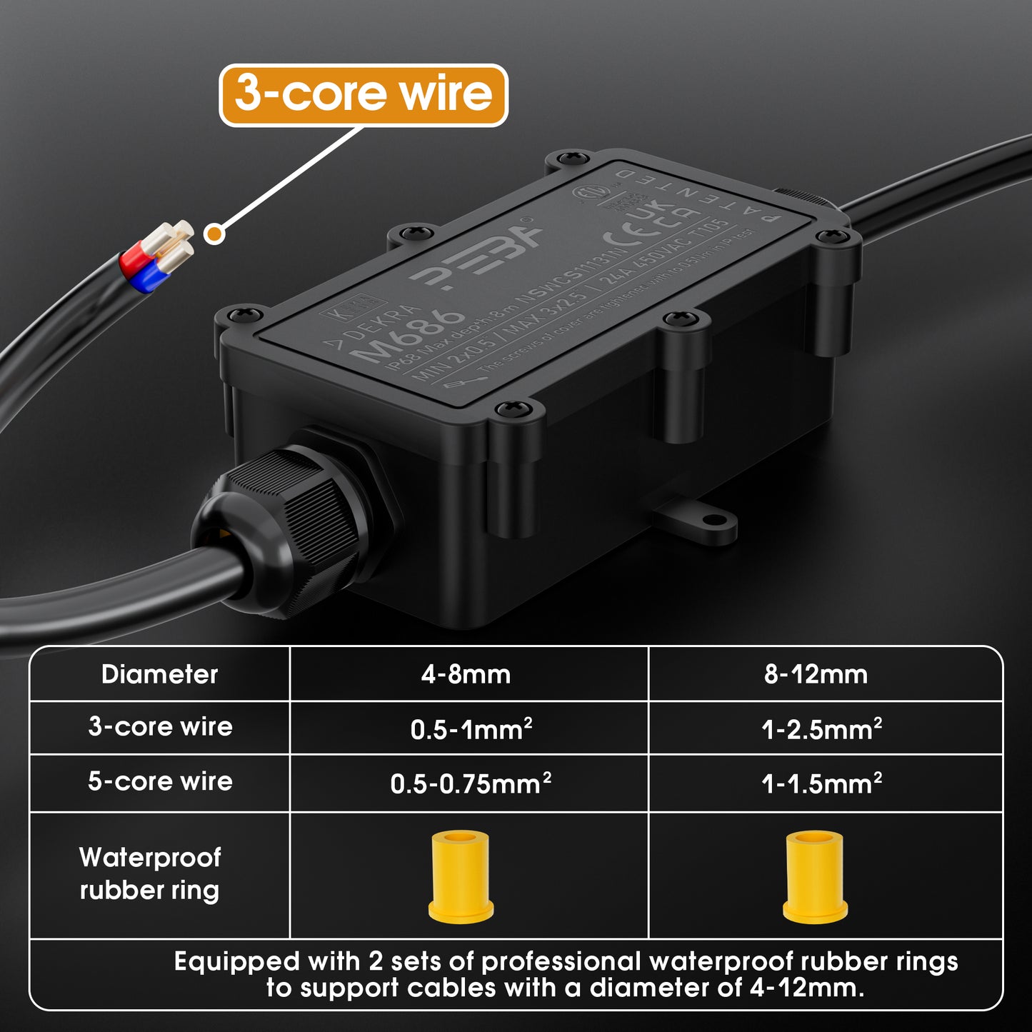 PEBA® Abzweigdose,Erdkabel Klemmdose Verbindungsdose, 2 Wege Junction Box, IP68 Wasserdichte Verteilerdose, Kabelverbinder Aussen, Elektrischer Außenverteilerdose, Kabeldurchmesser Ø 4mm-12mm, schwarz