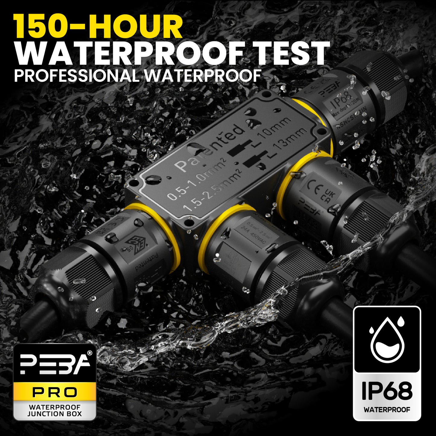 PEBA Kabelverbinder Wasserdicht 3 polig, 4-Wege IP68 Wasserdichte Kabelverbinder 4-12 mm Kabeldurchmesser, Verteilerdose außen, Verbindungsklemme mit Hebel für Outdoor, Abzweigdose Schwarz
