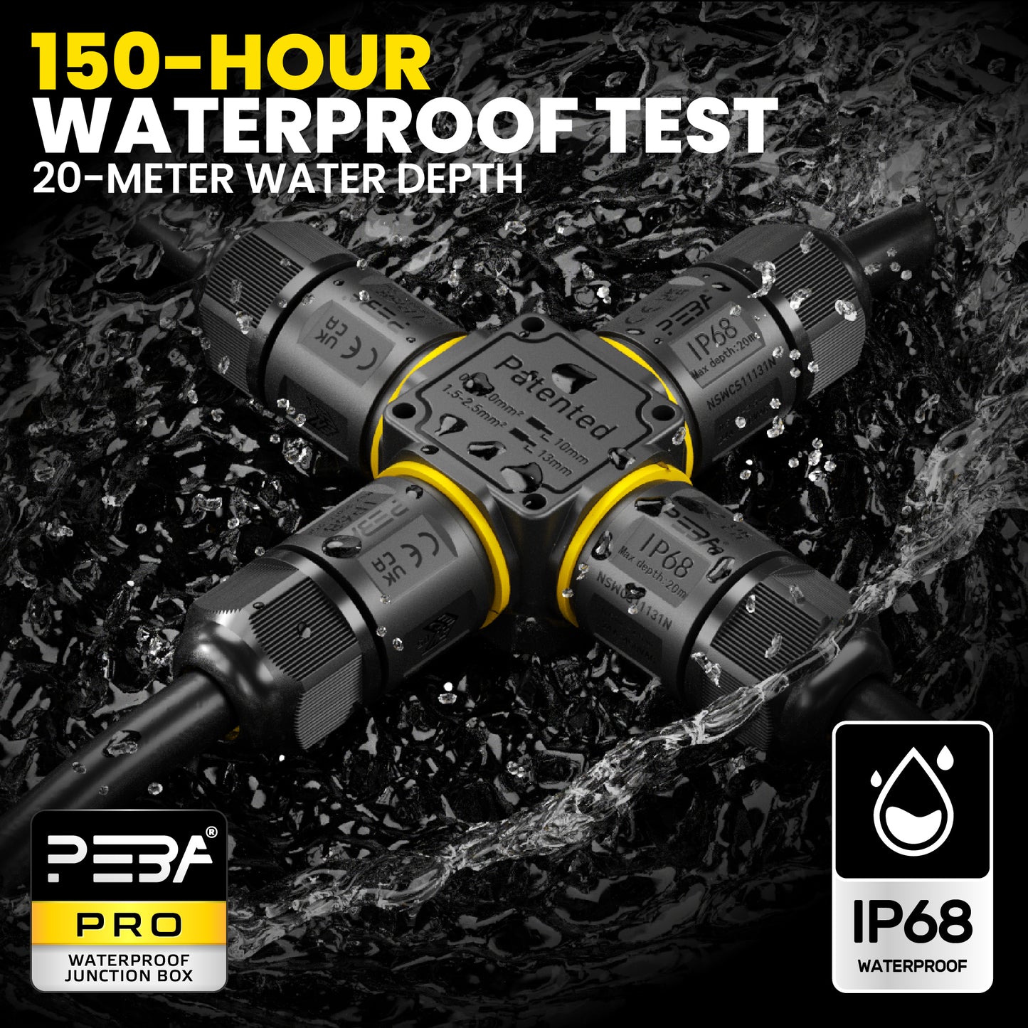 PEBA Kabelverbinder Wasserdicht 3 polig, 4-Wege IP68 Wasserdichte Kabelverbinder 4-12 mm Kabeldurchmesser, Verteilerdose außen, 3-Leiter, Verbindungsklemme mit Hebel für Outdoor, Abzweigdose Schwarz