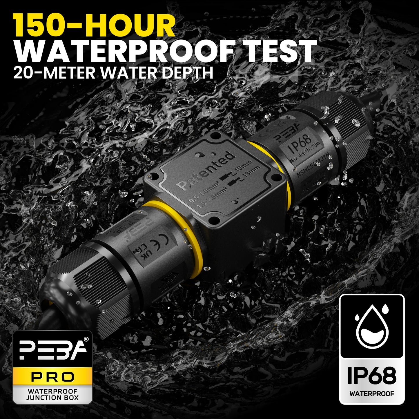 PEBA Kabelverbinder Wasserdicht 3 polig, 2-Wege IP68 Wasserdichte Kabelverbinder 4-12 mm Kabeldurchmesser, Verteilerdose außen, 3-Leiter, Verbindungsklemme mit Hebel für Outdoor, Abzweigdose Schwarz