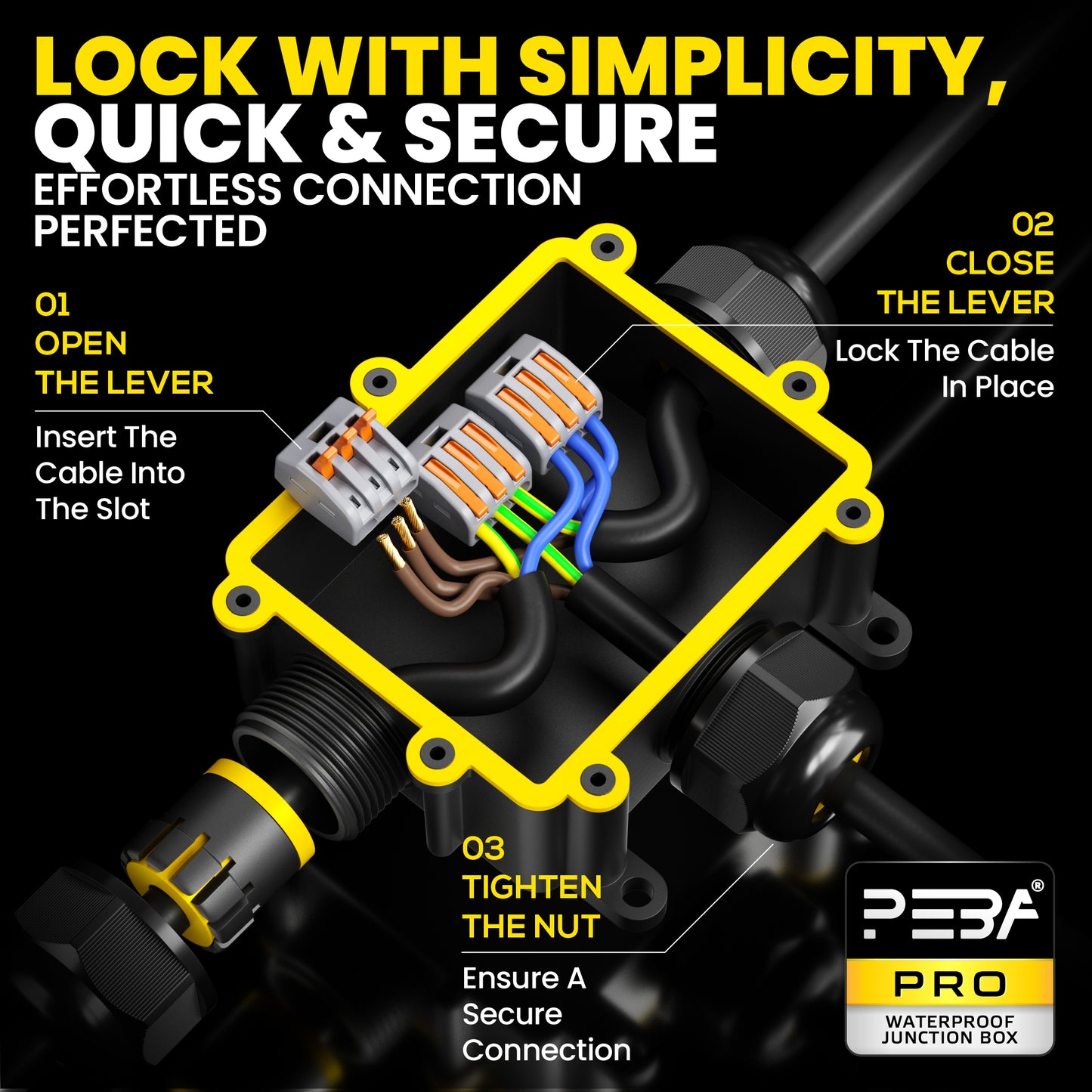 PEBA® Abzweigdosen Wasserdicht Verteilerdose IP68 Klemmdose Wasserdichte Kabelverbinder für Aussen Größere 3-Wege Kabelverschraubung Ø 4mm-14mm Schwarz T-Form
