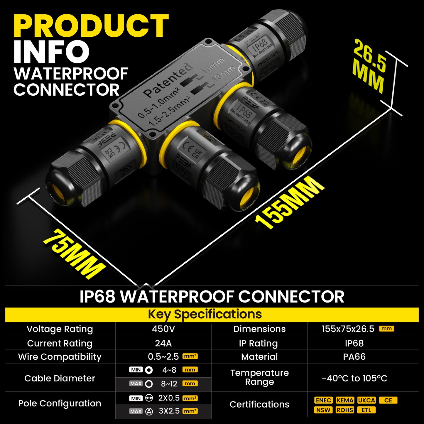 PEBA Kabelverbinder Wasserdicht 3 polig, 4-Wege IP68 Wasserdichte Kabelverbinder 4-12 mm Kabeldurchmesser, Verteilerdose außen, Verbindungsklemme mit Hebel für Outdoor, Abzweigdose Schwarz