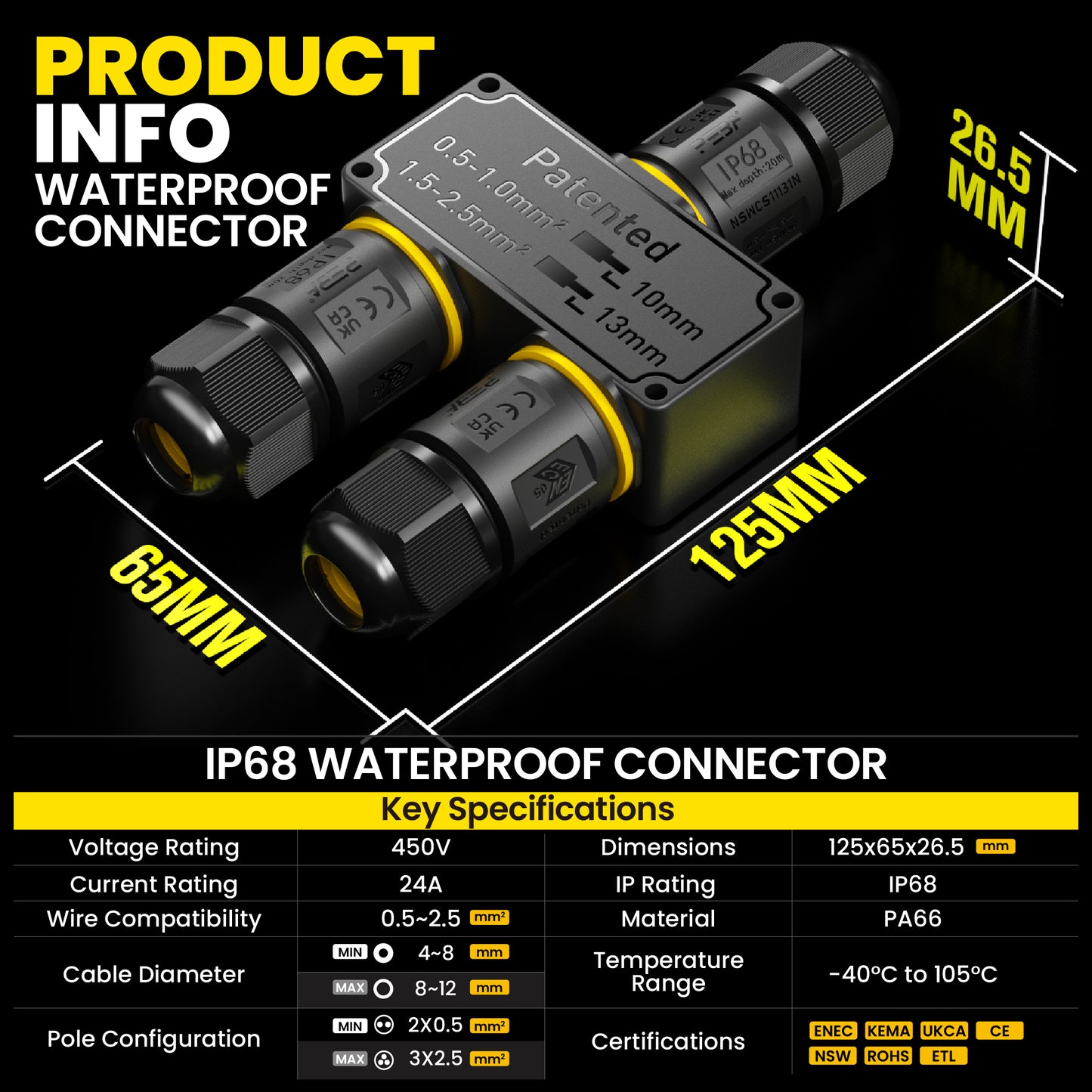 PEBA Kabelverbinder Wasserdicht 3 polig, 3-Wege IP68 Wasserdichte Kabelverbinder 4-12 mm Kabeldurchmesser, Verteilerdose außen, 3-Leiter, Verbindungsklemme mit Hebel für Outdoor, Abzweigdose Schwarz