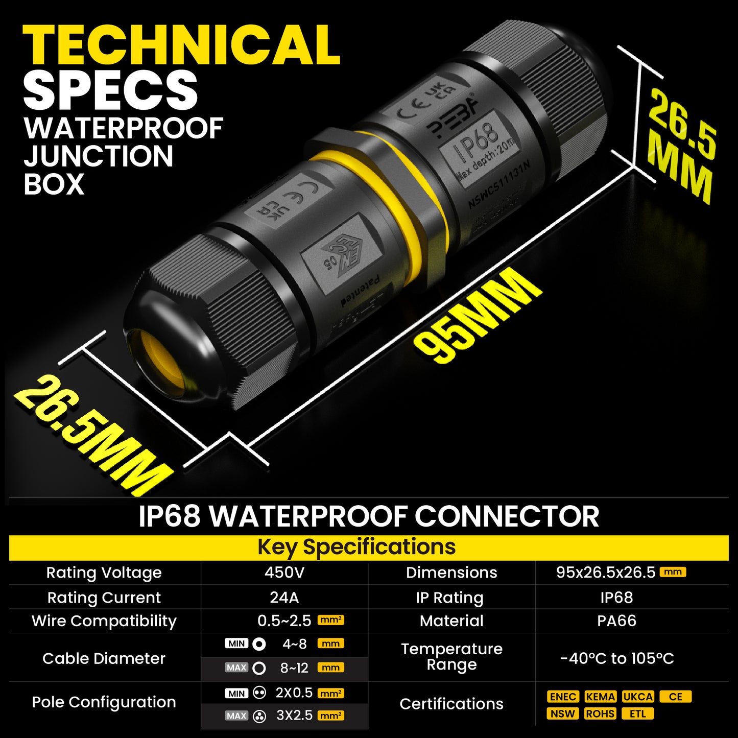 PEBA® Kabelverbinder Wasserdicht IP68 Verbindungsbox Verbindungsmuffe 3-polig für Ø4-12mm Kabeldurchmesser, Verteilerdose außen, 3-Leiter, Verbindungsklemme mit Hebel für Outdoor, Abzweigdose
