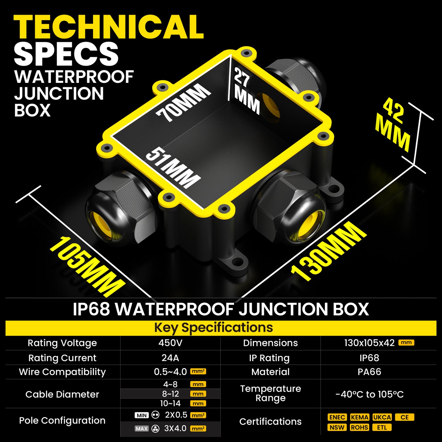 PEBA® Abzweigdosen Wasserdicht Verteilerdose IP68 Klemmdose Wasserdichte Kabelverbinder für Aussen Größere 3-Wege Kabelverschraubung Ø 4mm-14mm Schwarz T-Form