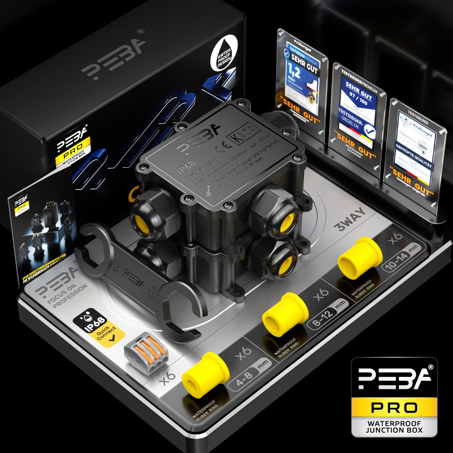 Scatole di giunzione PEBA® Scatola di giunzione impermeabile Scatola terminale IP68 Connettori per cavi impermeabili per uso esterno Pressacavo a 3 vie più grande Ø 4mm-14mm Nero a forma di T