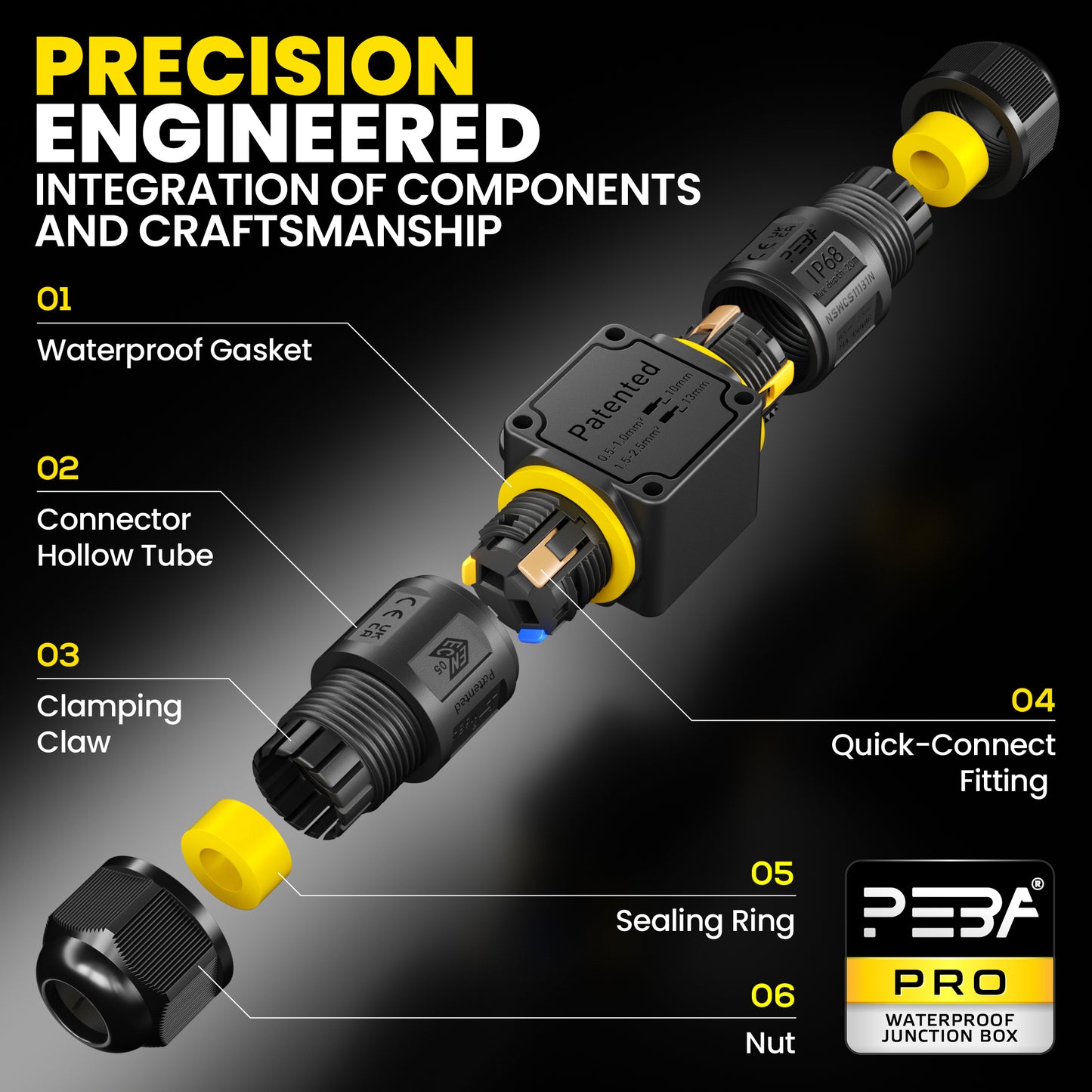 PEBA Kabelverbinder Wasserdicht 3 polig, 2-Wege IP68 Wasserdichte Kabelverbinder 4-12 mm Kabeldurchmesser, Verteilerdose außen, 3-Leiter, Verbindungsklemme mit Hebel für Outdoor, Abzweigdose Schwarz