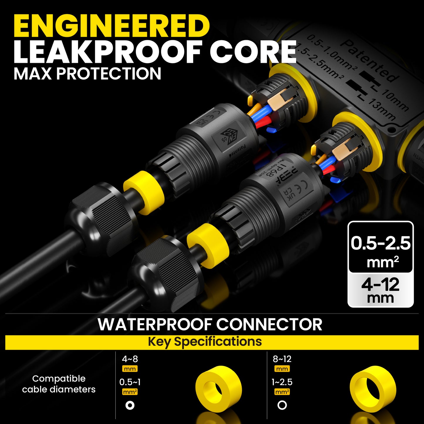 PEBA Kabelverbinder Wasserdicht 3 polig, 3-Wege IP68 Wasserdichte Kabelverbinder 4-12 mm Kabeldurchmesser, Verteilerdose außen, 3-Leiter, Verbindungsklemme mit Hebel für Outdoor, Abzweigdose Schwarz