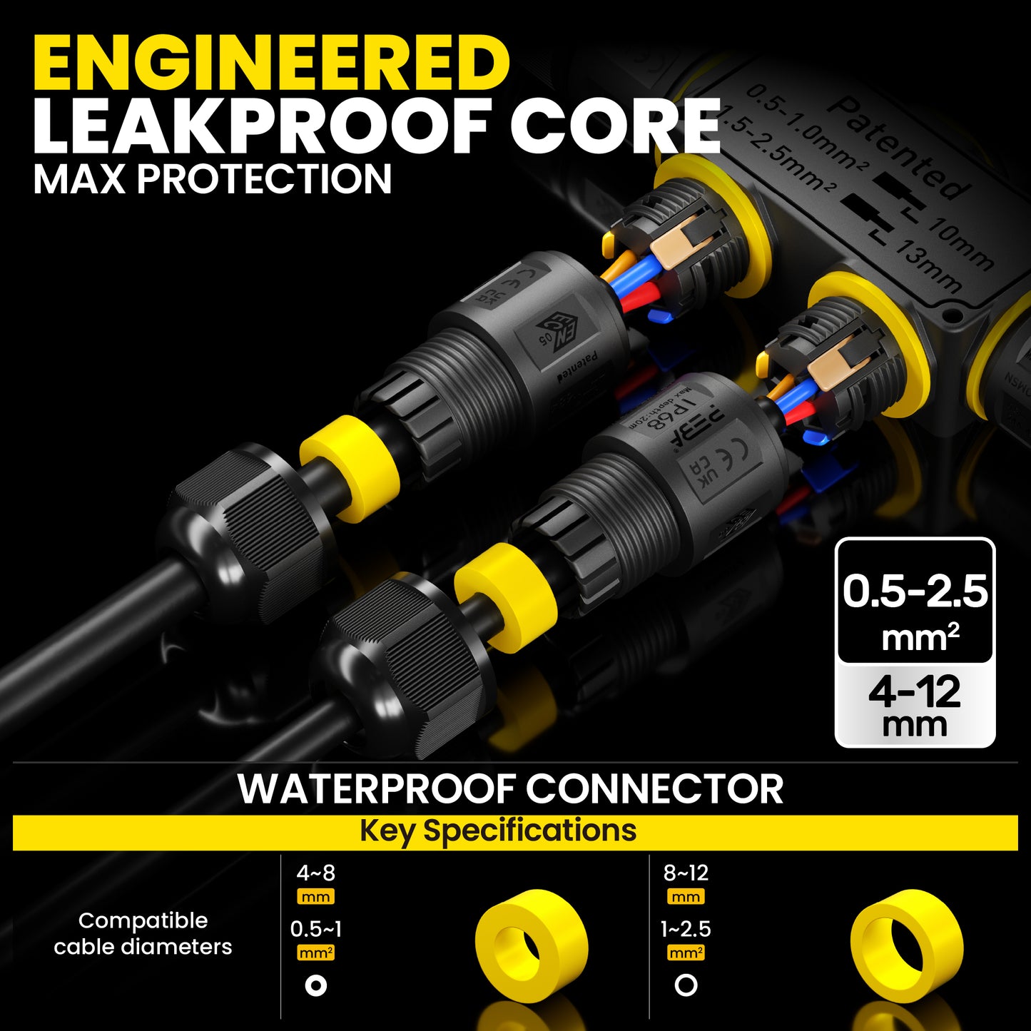 PEBA Kabelverbinder Wasserdicht 3 polig, 4-Wege IP68 Wasserdichte Kabelverbinder 4-12 mm Kabeldurchmesser, Verteilerdose außen, Verbindungsklemme mit Hebel für Outdoor, Abzweigdose Schwarz