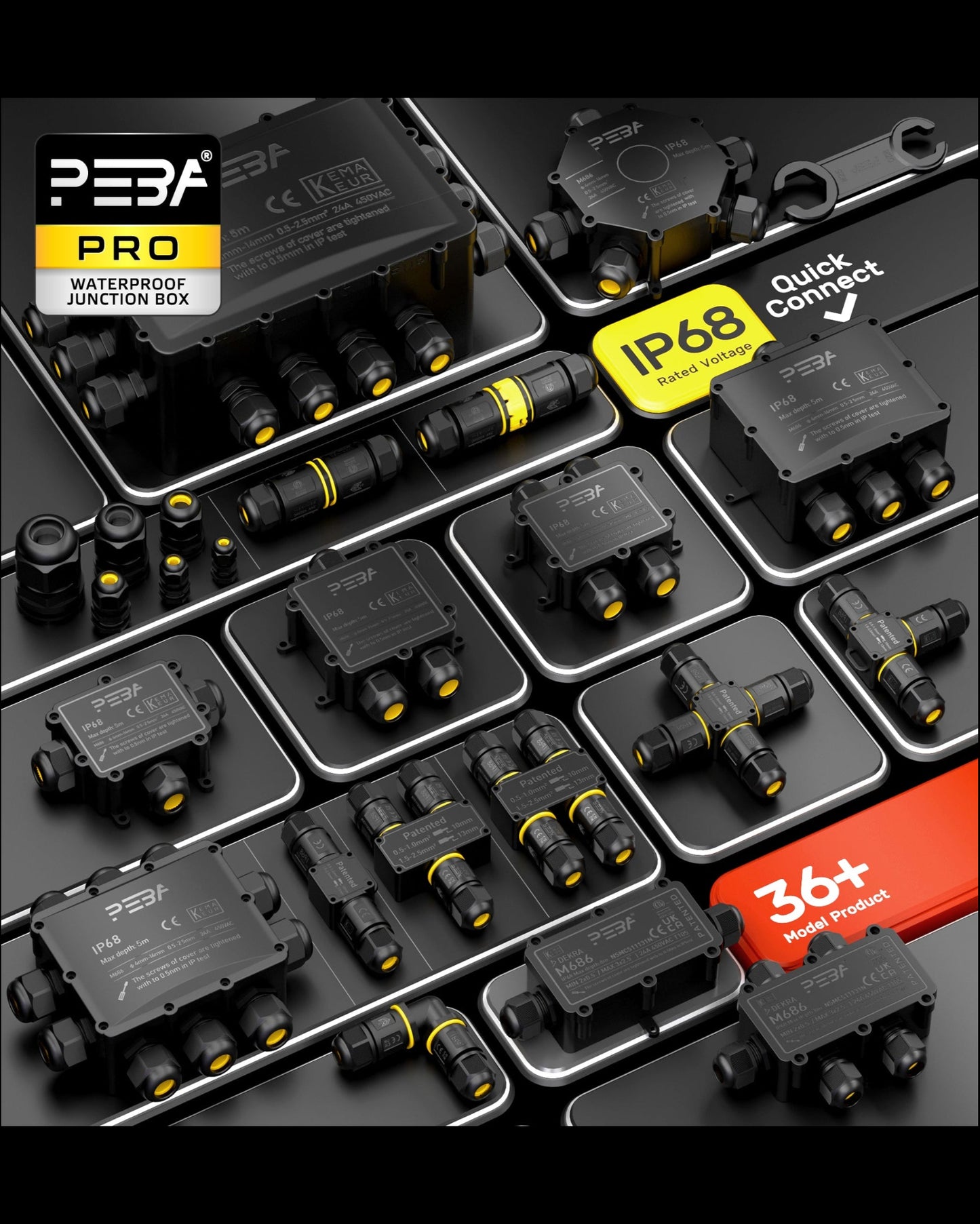 PEBA Abzweigdose Wasserdicht IP68 – 3-Wege Kabelverbinder für Erdkabel (4-14mm Durchmesser), Verteilerdose Außen für Garten & Outdoor, Schwarz