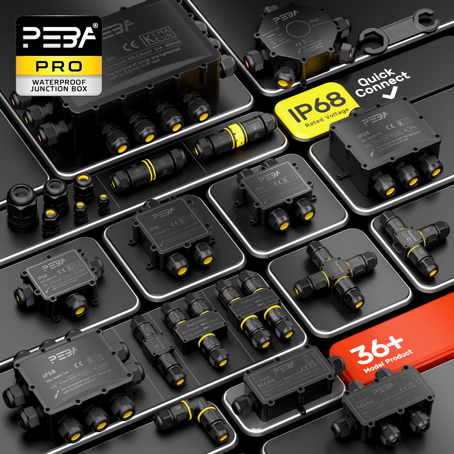 Scatole di giunzione PEBA® Scatola di giunzione impermeabile Scatola terminale IP68 Connettori per cavi impermeabili per uso esterno Pressacavo a 3 vie più grande Ø 4mm-14mm Nero a forma di T