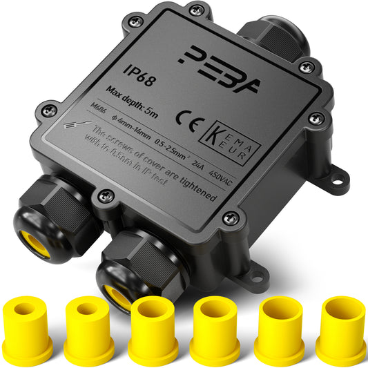 PEBA® IP68 Wasserdichte Kabelanschlussdose, 3-Wege Outdoor Kabelverbinder, Kabelverbinder, Wasserdichte Kabelanschlussdose, Anschlussdosen, Kabelboxen, Kabelverbindung für Ø4-14mm Kabeldurchmesser,Schwarz