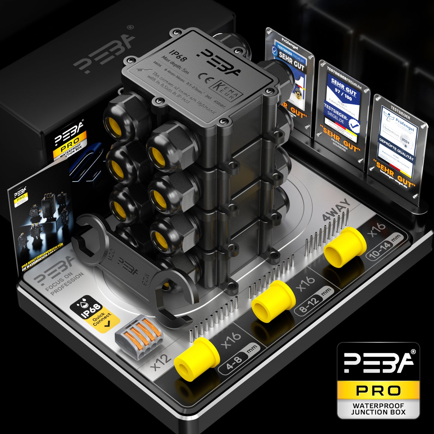 PEBA® Abzweigdose IP68 Wasserdicht Kabelverbinder Aussen 4-Wege-Verbindungsdose Erdkabel Schwarz Elektrischer Außenverteilerdose,Kabelverschraubung für Ø 4mm-14mm 4 Stück