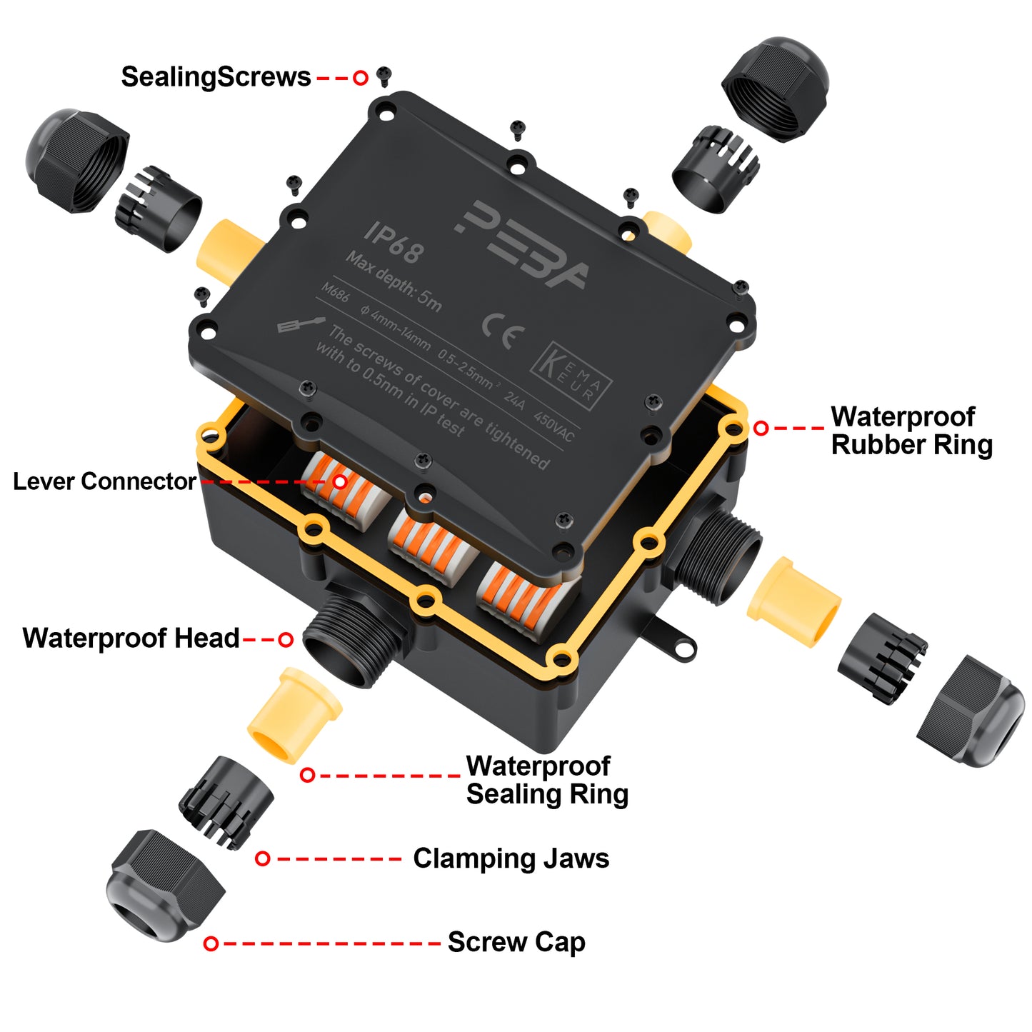 PEBA® Wasserdicht Abzweigdose Erdkabel Kabelverbinder IP68 Verteilerdose steckdose aussen verteiler Ø4mm-14mm kabel für garten outdoor verbinder box 4-Wege Schwarz