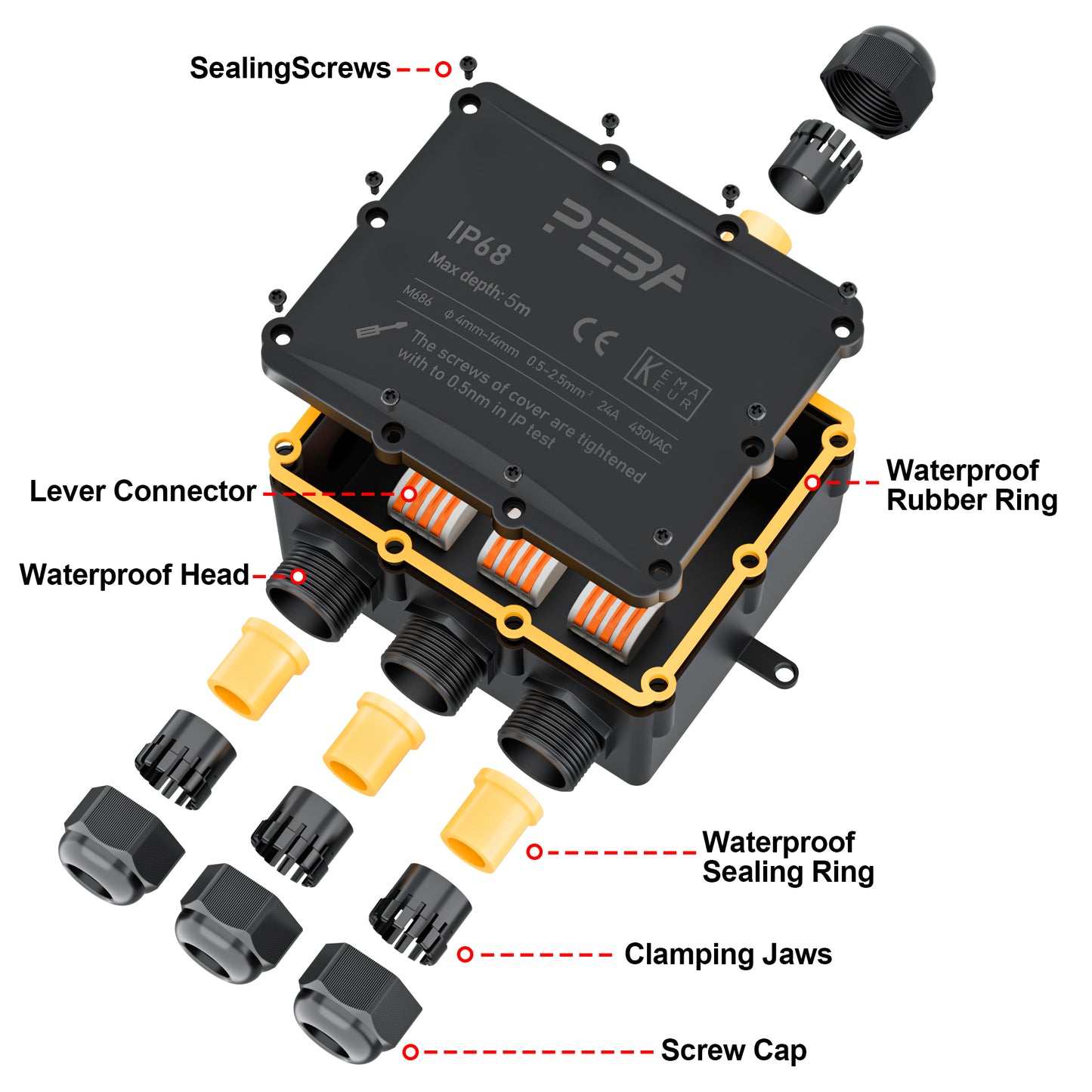 PEBA® Wasserdicht Abzweigdose Erdkabel Kabelverbinder IP68 Verteilerdose steckdose aussen verteiler Ø4mm-14mm kabel für garten outdoor verbinder box 4-Wege Schwarz