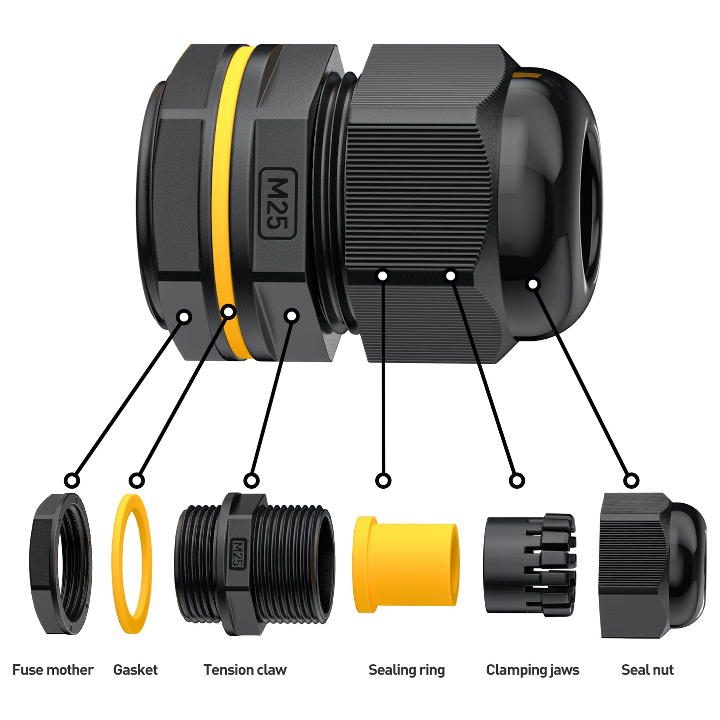 PEBA® M25 x 1,5 Kabelverschraubung, PG19 Schwarz IP68 wasserdichte Kabelverschraubungen mit Gegenmutter Kunststoff, Kabelsteckverbinder Verstellbare für 4mm-14mm, Kabelverschraubungen Gelenke