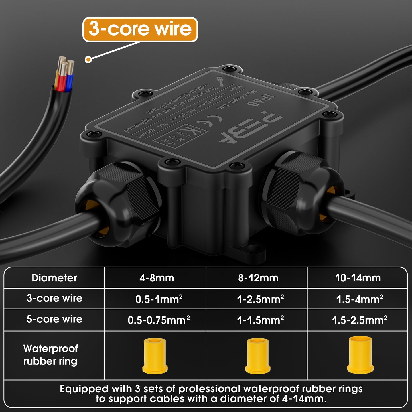 PEBA® Abzweigdosen Wasserdicht Verteilerdose IP68 Klemmdose Wasserdichte Kabelverbinder für Aussen Größere 3-Wege Kabelverschraubung Ø 4mm-14mm Schwarz T-Form