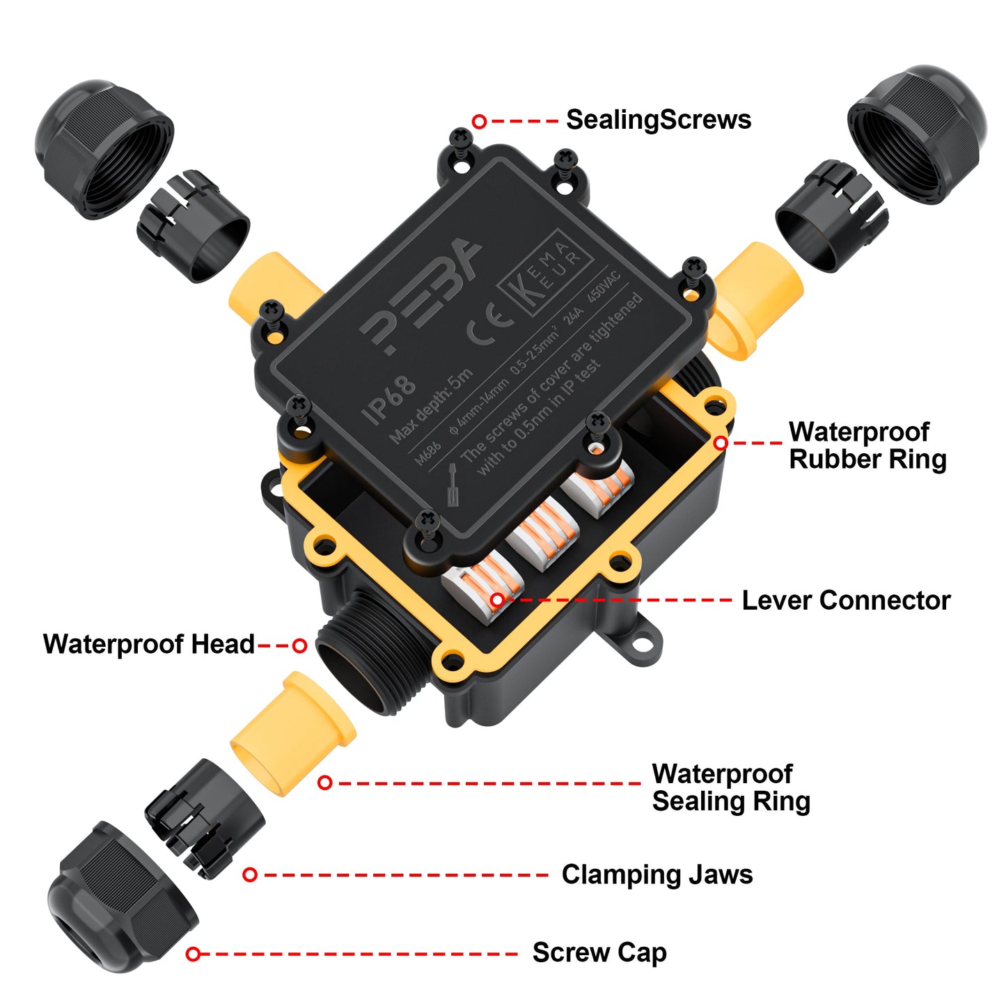 PEBA® Abzweigdosen Wasserdicht Verteilerdose IP68 Klemmdose Wasserdichte Kabelverbinder für Aussen Größere 3-Wege Kabelverschraubung Ø 4mm-14mm Schwarz T-Form 4 Stück