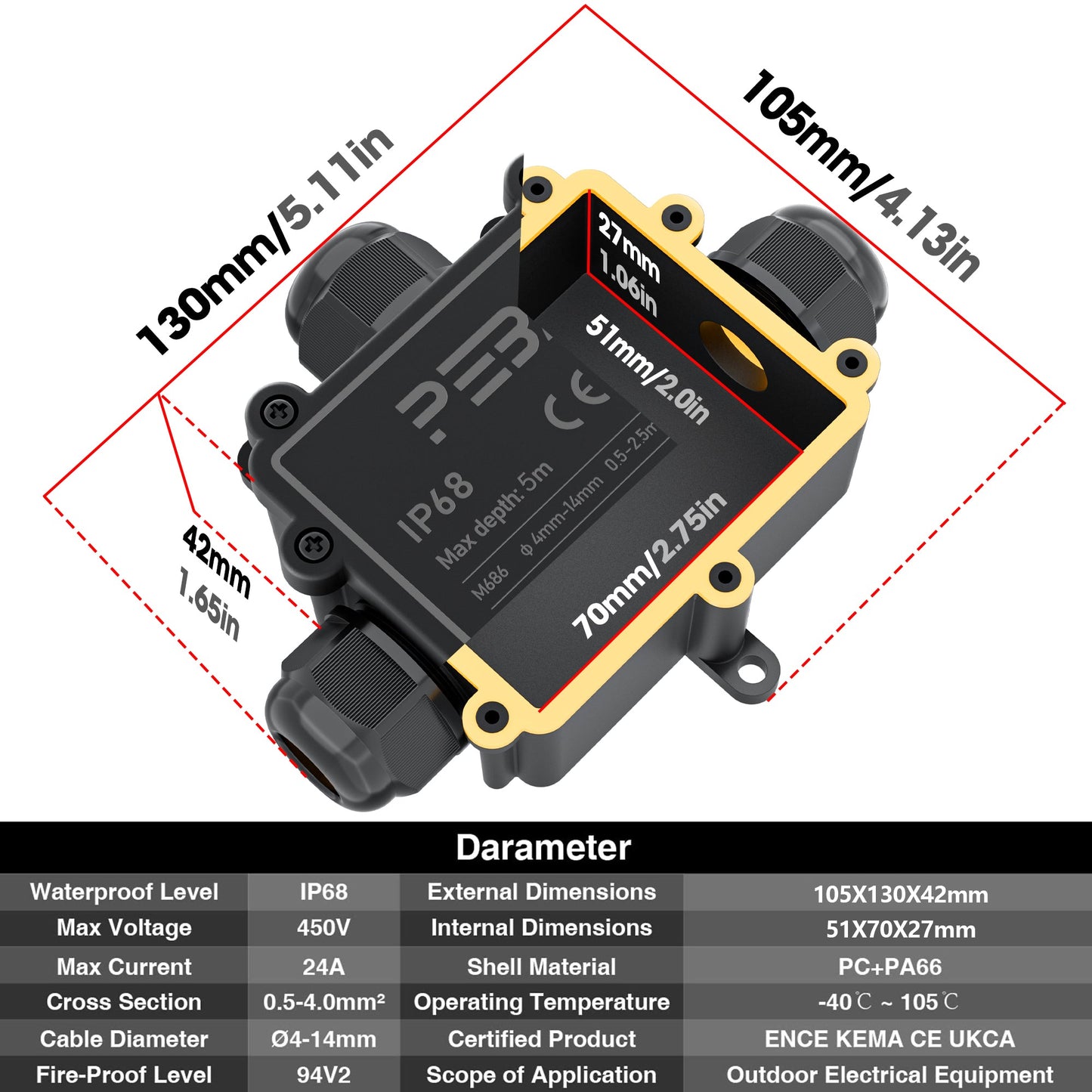 PEBA® Abzweigdosen Wasserdicht Verteilerdose IP68 Klemmdose Wasserdichte Kabelverbinder für Aussen Größere 3-Wege Kabelverschraubung Ø 4mm-14mm Schwarz T-Form (2 Stück)