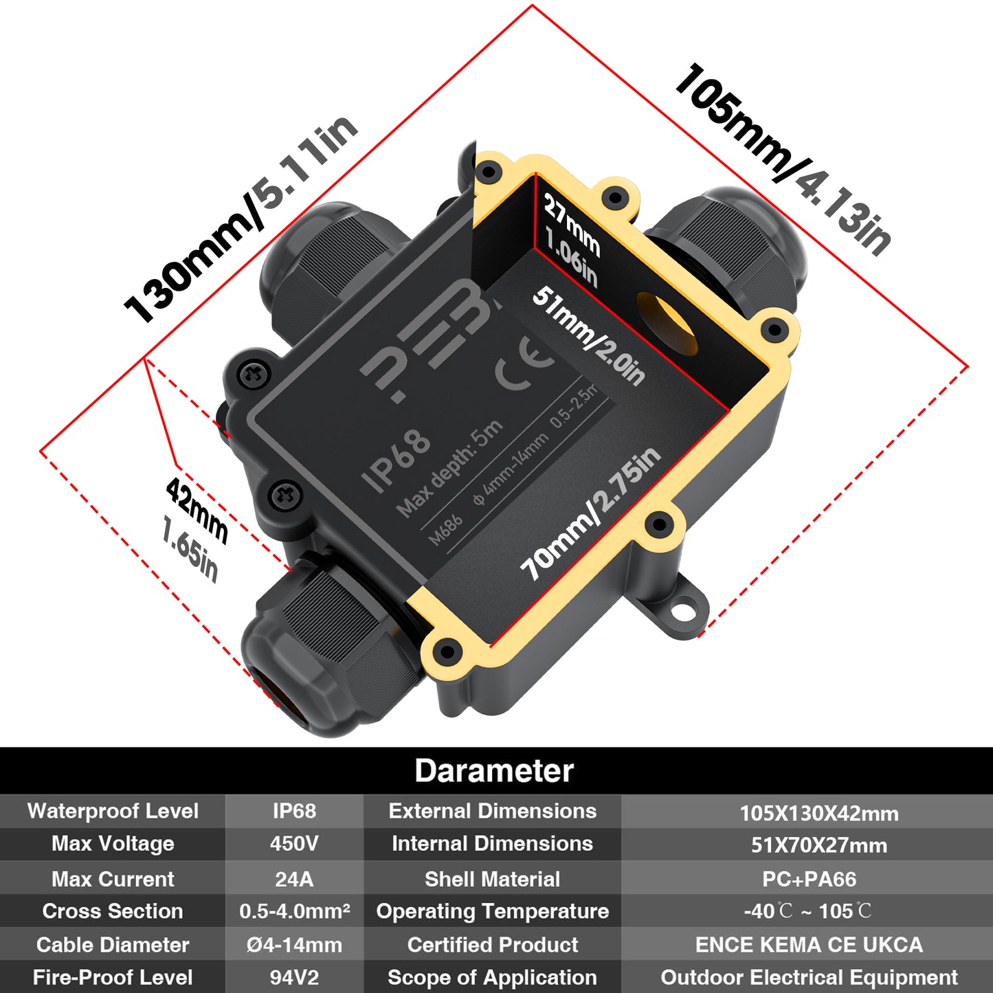 PEBA® Abzweigdosen Wasserdicht Verteilerdose IP68 Klemmdose Wasserdichte Kabelverbinder für Aussen Größere 3-Wege Kabelverschraubung Ø 4mm-14mm Schwarz T-Form