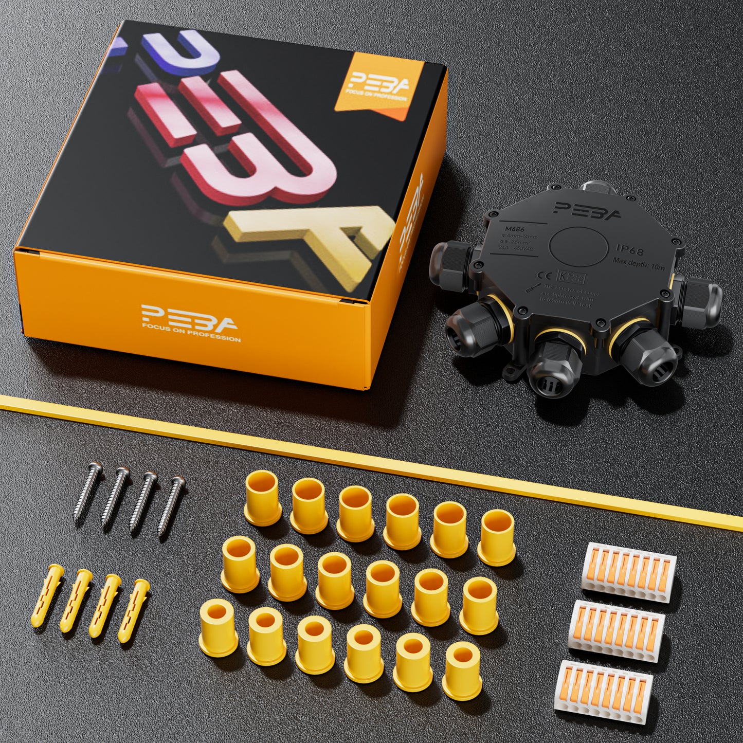 PEBA® Abzweigdose IP68, Abzweigkasten, Wasserdichte Kabelverbinder, Aufputz Verteilerdose Außen Wasserdicht 6-Wege für Ø4-14mm Kabeldurchmesser Anschlussdose, Klemmkasten, Abzweigdose schwarz