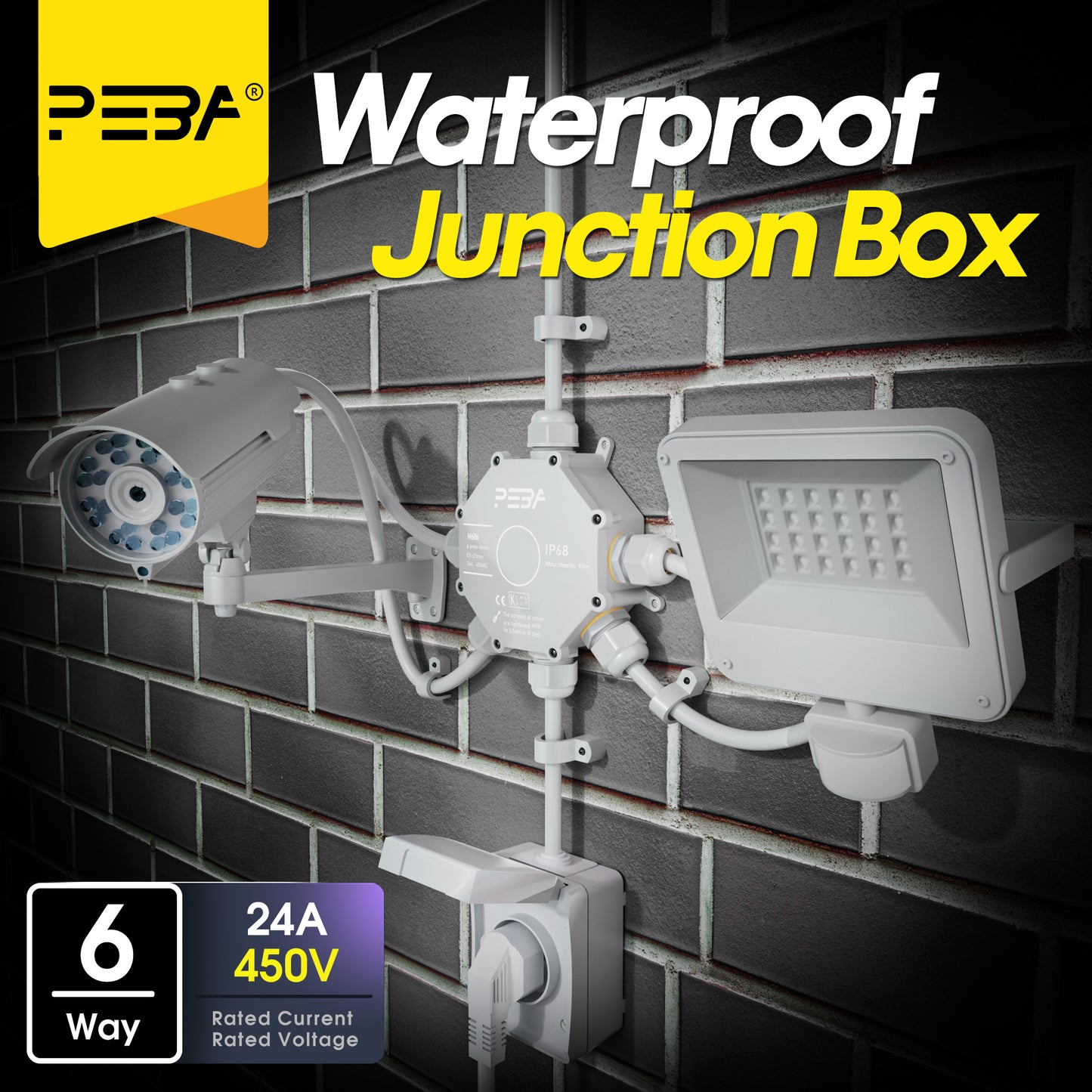 PEBA® Abzweigdose IP68, Abzweigkasten, Wasserdichte Kabelverbinder, Aufputz Verteilerdose Außen Wasserdicht 6-Wege für Ø4-14mm Kabeldurchmesser Anschlussdose, Klemmkasten, Abzweigdose Grau