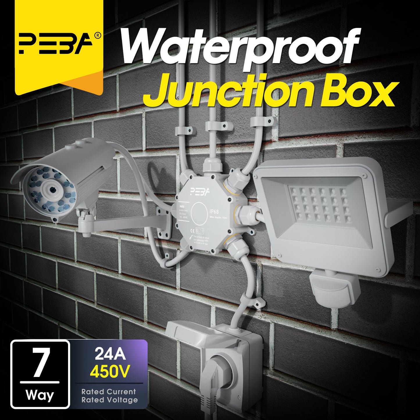 PEBA® Abzweigdose IP68, Abzweigkasten, Wasserdichte Kabelverbinder, Aufputz Verteilerdose Außen Wasserdicht 7-Wege für Ø4-14mm Kabeldurchmesser Anschlussdose, Klemmkasten, Abzweigdose Grau