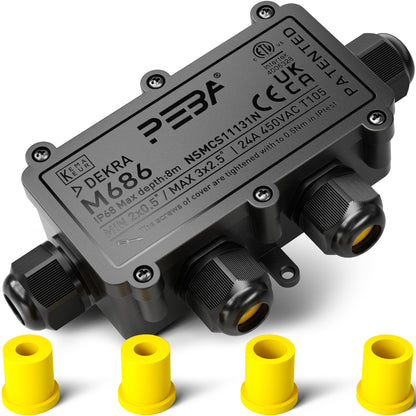 PEBA® Wasserdicht Abzweigdose Erdkabel Kabelverbinder IP68 Verteilerdose steckdose aussen verteiler Ø4mm-8mm und Ø8mm-12mm kabel für außen garten outdoor wasserdichte verbinder box 4-Wege Schwarz