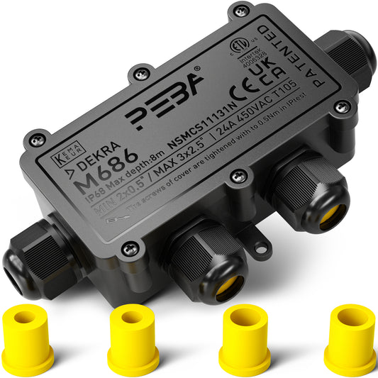 PEBA® Wasserdicht Abzweigdose Erdkabel Kabelverbinder IP68 Verteilerdose steckdose aussen verteiler Ø4mm-8mm und Ø8mm-12mm kabel für außen garten outdoor wasserdichte verbinder box 4-Wege Schwarz