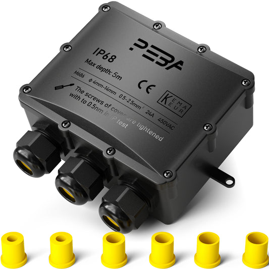 PEBA Abzweigdose Wasserdicht IP68 – 3-Wege Kabelverbinder für Erdkabel (4-14mm Durchmesser), Verteilerdose Außen für Garten & Outdoor, Schwarz
