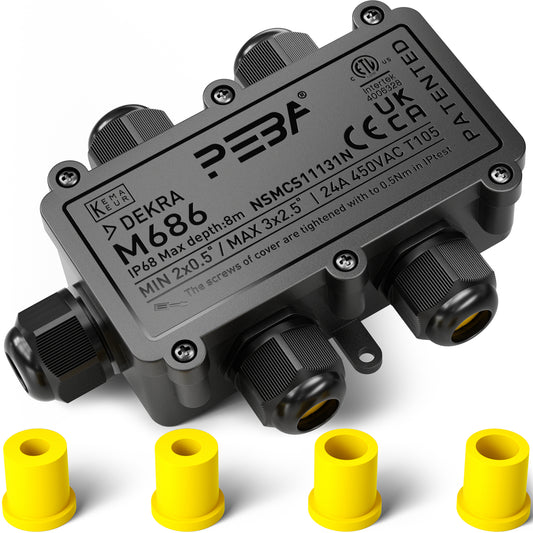 PEBA® Abzweigdose,Erdkabel Klemmdose Verbindungsdose, 5 Wege Junction Box, IP68 Wasserdichte Verteilerdose, Kabelverbinder Aussen, Elektrischer Außenverteilerdose, Kabeldurchmesser Ø 4mm-12mm, schwarz