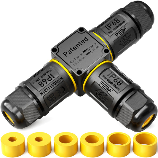 PEBA Kabelverbinder Wasserdicht 5 polig, 3-Wege IP68 Wasserdichte Kabelverbinder 4-14mm Kabeldurchmesser, Verteilerdose außen, 5-Leiter, Verbindungsklemme mit Hebel für Outdoor, Abzweigdose Schwarz